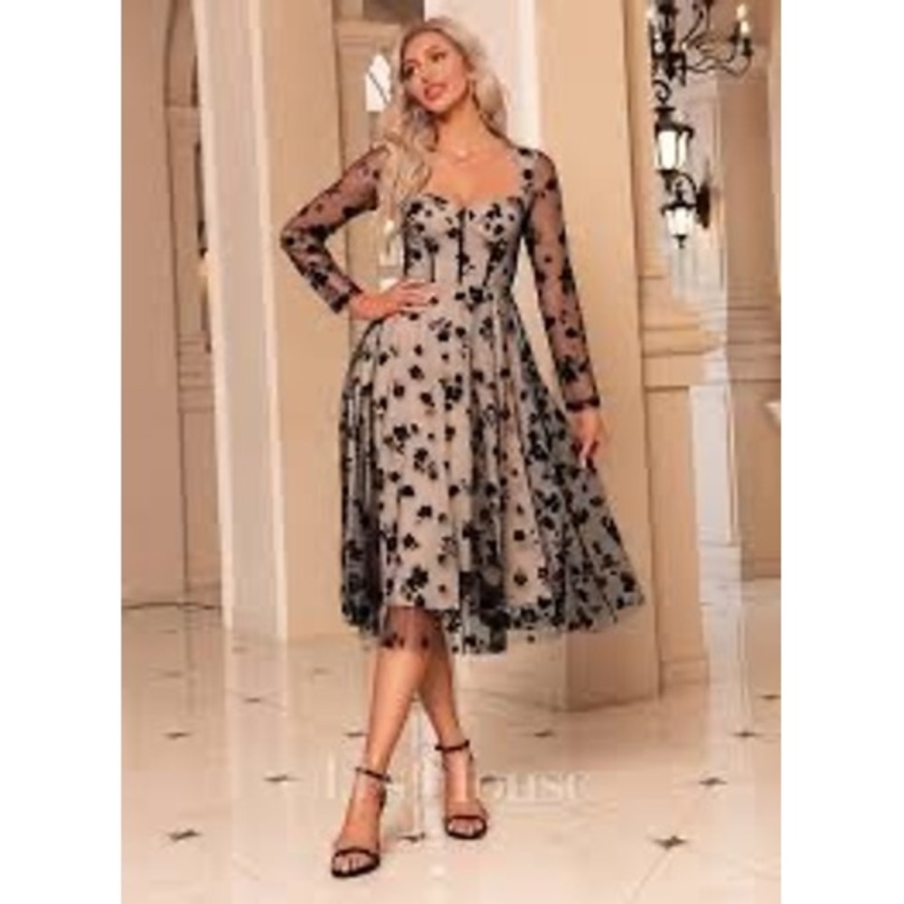 JJ's House Black Floral Mesh Fit Flare Midi Dress Sweetheart Neckline Size M‎